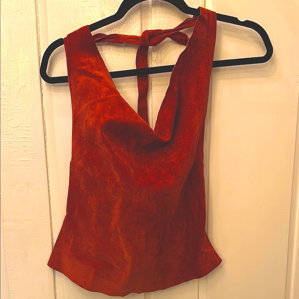 Red suede halter tank top with back zipper and ties around neck